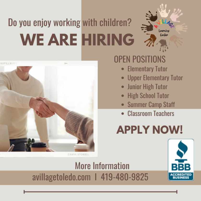 A We are Hiring Poster for A Village Learning Center open positions